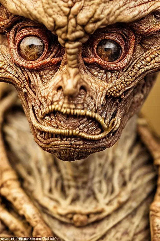 Image similar to photo taken of an epic intricate, ultra detailed, super realistic gritty, lifelike sculpture of a nightmarish hellish alien ghoulish creature created by weta workshop, zoomed in shots, photorealistic, sharp focus, white wall coloured workshop, cold colour temperture, f 0. 4, face centred, golden ratio, golden hour