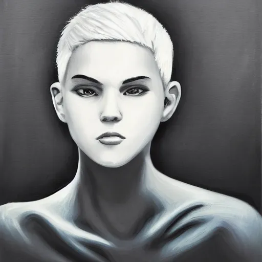 Prompt: Oil portrait with broad brush strokes of a girl with short white hair and black eyes in Final Fantasy style, abstract black and white background, large film grain, smooth gradients, sharp shapes