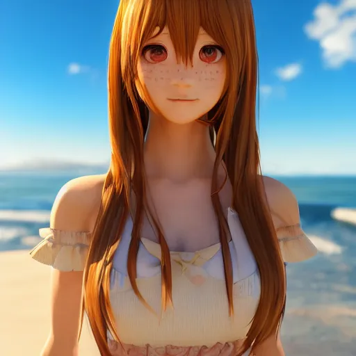 Image similar to portrait of a very beautiful 3d anime girl, long hair, hazel eyes, cute freckles, full round face, short smile, cute sundress, golden hour, serene beach setting, medium shot, mid-shot, highly detailed, trending on Artstation, Unreal Engine 4k