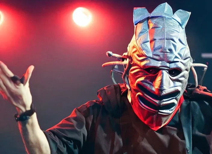 Image similar to publicity photo still of larry david wearing a slipknot mask touring with slipknot live on stage, 8 k, live concert lighting, mid shot