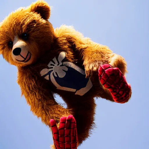 Prompt: high-res photo of a ted bear as Spider Man