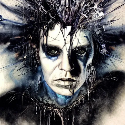 Image similar to stunning portrait of gaunt olli wisdom a ( the cure fan ) as dream from sandman, dim stars as eyes, by jeremy mann, by cedric peyravernay, by by russ mills, by richard avedon and ben templesmith, dramatic lightning, sadness, dark eye sockets, in the shadows, punk rock, gothic, high detailed, 8 k