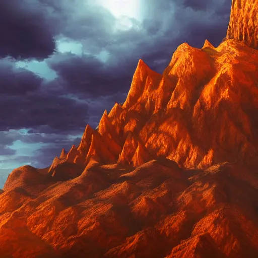 Prompt: a professional photographic view picture of a giant orange mountain ,photographic filter unreal engine 5 realistic hyperdetailed 8k ultradetail cinematic concept art volumetric lighting, fantasy artwork, very beautiful scenery, very realistic painting effect, hd, hdr, cinematic 4k wallpaper, 8k, ultra detailed, high resolution, artstation trending on artstation in the style of Albert Dros