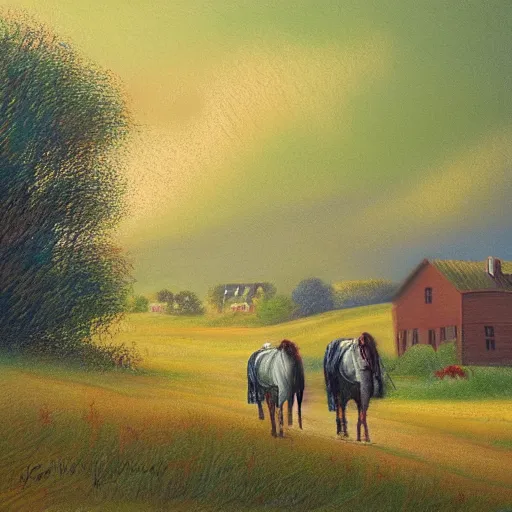 Prompt: Jefferson and Washington walking inside amish houses among hills and fields, pastel style painting