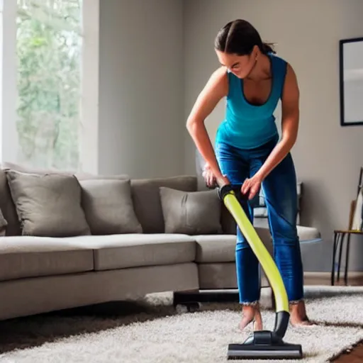Prompt: strong buff woman vacuuming her living room, award winning photograph, HD, 4k