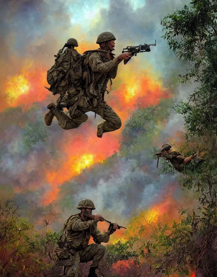 Prompt: One american soldier beholds the vastness of the jungle at the Vietnam War, fire here and there, an explosion and mist, boixcar style, oil on canvas cover art with colorful and vibrant colors, dynamic poses, movie still, cinematic lighting, art by Stanley ‘Artgerm’ Lau, Greg Rutkowski and Alex Ross, award-winning masterpiece with incredible and beautiful details digital art, trending on artstation, smooth, HD, 4K