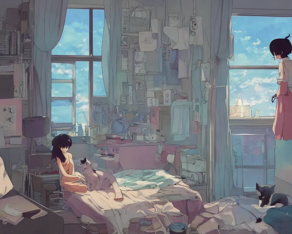 Image similar to beautiful illustration of one female and her cat in her small studio apartment, there is a window which looks out to a futuristic city at night, anime manga style, aesthetic, scene from the movie'your name ', makoto shinkai