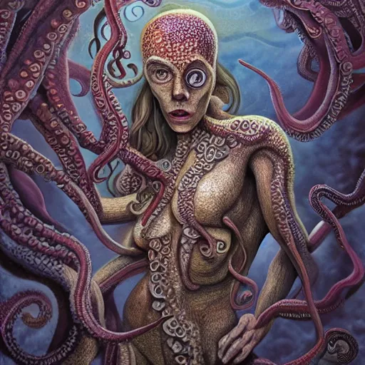 Prompt: octowoman, half woman, half octopus, lovecraftian horror!, surrealism, fantasy, intricate, elegant, highly detailed, digital painting, realistic shading, cinematic composition, hdr, photorealistic, 3 5 mm film, concept art, artstation, matte, sharp focus, illustration, art by keith thompson and christopher lane