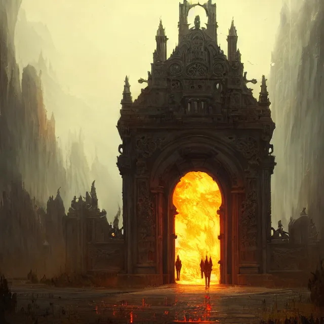 Image similar to huge gate, environment, illustration, symmetrical, fire, smoky, unreal engine, colors, epic scene, fantasy art by greg rutkowski,, golden raito, high quality, intricate details, details, intricate, atmosphere, highly detailed, matte painting, cinematic, deviantart, realistic, concept art, 4 k