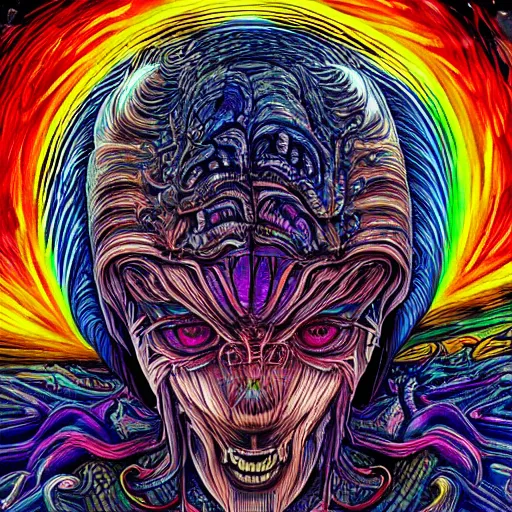 Image similar to a psychedelic godlike humanoid, hyper detailed, in the style of h. r. giger and junji ito and bob ross and lisa frank, selfie