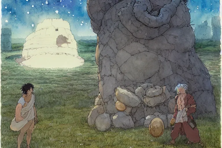 Prompt: hyperrealist studio ghibli watercolor fantasy concept art of a 1 0 0 ft. giant holding a stone. stonehenge is in the bathroom. it is a misty starry night. by rebecca guay, michael kaluta, charles vess