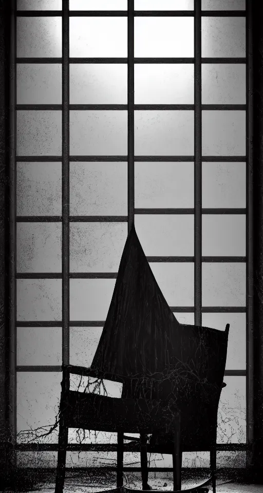 Prompt: creepy black and white scary high definition picture of an all black tall lanky heavily robed god rays volumetric lighting shadow eater sitting in a rocking chair by an old cracked sagging decaying slumping window with blinds and spider webs octane render cinema 4 d trending on art station misty ultra high definition hyper real realistic smooth highly detailed dynamic high contrast