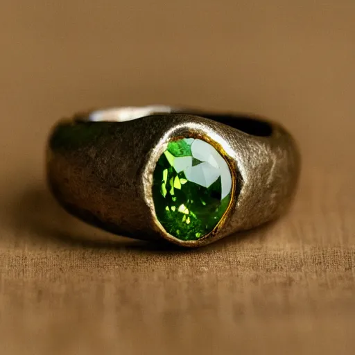 Prompt: Band of Spellbinding, a golden ring adorned with green uranium gems and silver lines.