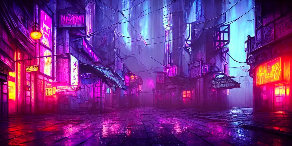 Image similar to fantasy medieval cyberpunk townscape, rain, neon signs, cinematic establishing shot, purple teal blue white pink orange color scheme, sharp focus, very realistic, photorealistic, intricately detailed, finely textured, cgsociety