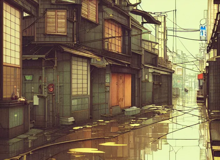 Image similar to window in foreground!!! tokyo alleyway, rainy day, by cory loftis, makoto shinkai, hasui kawase, james gilleard, beautiful, serene, peaceful, lonely, golden curve composition