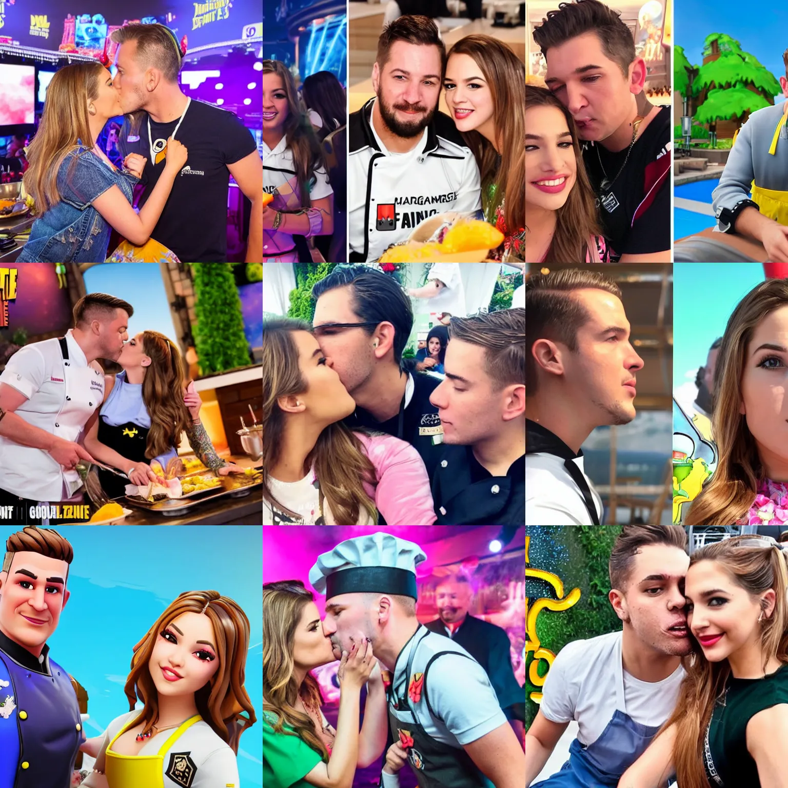 Prompt: kimmy granger kissing a german chef playing fortnite and cooking fortnite characters and cooking in front of tomorrowland