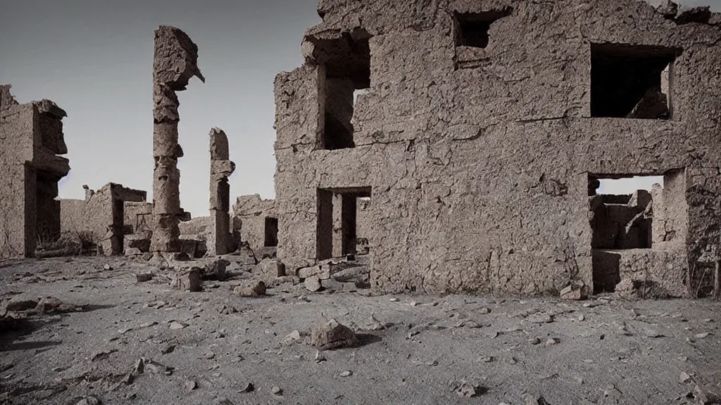 Prompt: surreal ancient alien ruins in the desert, photography by zhang kechun