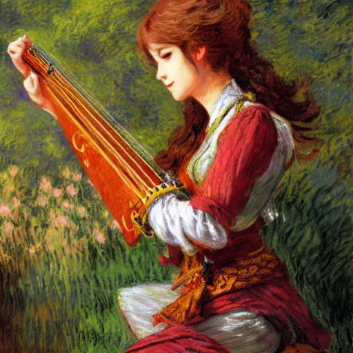 Prompt: Cute Bard Girl playing a lute, trending on Pixiv, trending on ArtStation, vibrant gouache painting scenery, highly detailed fantasy character illustration by Wayne Reynolds and Charles Monet and Gustave Dore