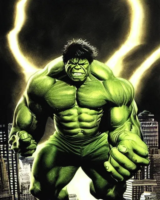 Image similar to a portrait of the incredible hulk looking angry in new york city by alex ross dramatic lighting.