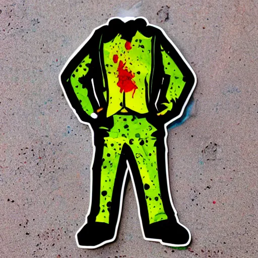 Image similar to die cut sticker, walter white wearing the joker suit, splatter paint