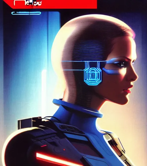 Prompt: cable plugged in, side of head, very very beautiful woman, cyberdeck computer terminal, netrunner, 1 9 7 9 omni magazine cover, style by vincent di fate, cyberpunk 2 0 7 7, very coherent, detailed, 4 k resolution, unreal engine, daz