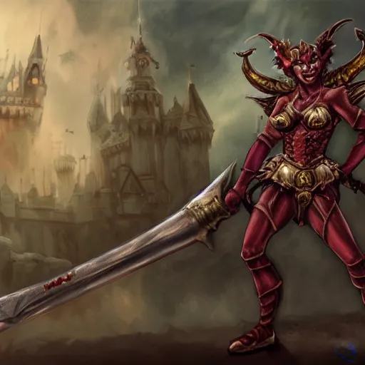 Image similar to disney's gargoyles!!!! female!! warrior! flaming sword ( devilish smile ) ( ( plate armor ) ) ( ( ( shield ) ) ), fantasy painting, concept art, 4 k