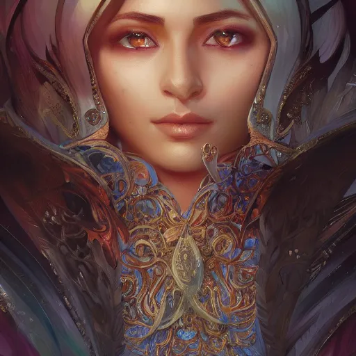 Prompt: Hanif Bali, closeup, D&D, fantasy, intricate, elegant, highly detailed, digital painting, artstation, concept art, matte, sharp focus, illustration, hearthstone, art by Artgerm and Greg Rutkowski and Alphonse Mucha