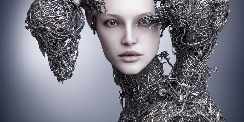 Image similar to hyper realistic photography of a beautiful cyborg androgynous humanoid, holding close, holding, affectionately, chrome finish intricate filigree, in the style of beth cavener, jin kagetsu, wlop, highly detailed, symmetry, masterpiece, concept art, ringflash, highkey lighting, ambient lighting, octane render, 8 k, artstation