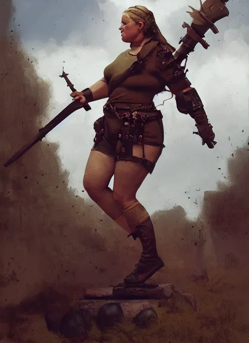 Image similar to hyper realistic photo of medieval chubby beautiful soldier girl, full body, rule of thirds, conceptart, saturated colors, cinematic, greg rutkowski, brom, james gurney, mignola, craig mullins,