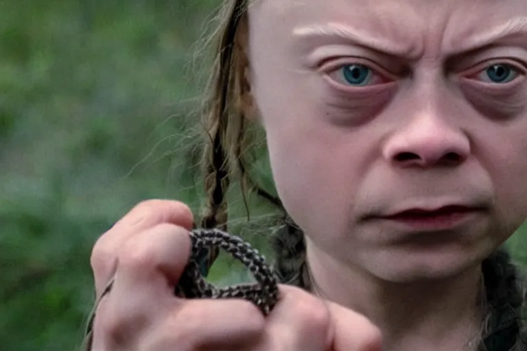 Image similar to greta thunberg as gollum, holding the ring, still shot from the new lord of the rings movie