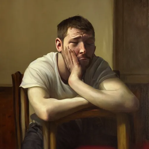 Image similar to portrait of a sleepy - looking programmer guy begging for forgiveness, oil on canvas, masterwork, fine detail, trending on artstation, emotive, insanely compelling