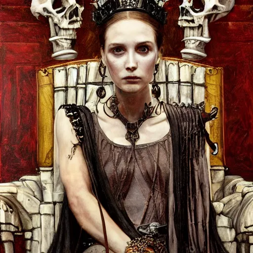 Image similar to queen of bones, sitting on a throne, detailed face, with a crown of skulls, skull earings ( blade runner, cyberpunk ) portrait by john william waterhouse and james gurney and theodore ralli and nasreddine dinet, oil on canvas. cinematic, hyper realism, realistic proportions, dramatic lighting, high detail 4 k