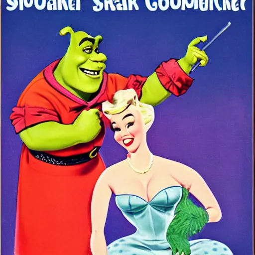 Prompt: shrek as a pinup girl, 1960 commercial