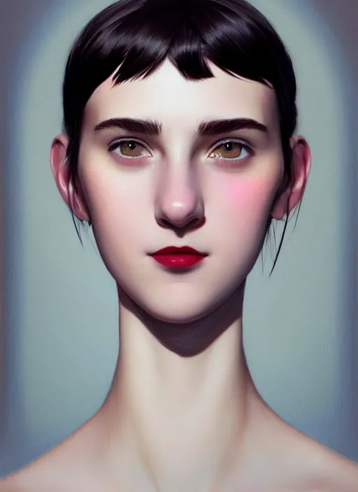 Image similar to portrait of white teenage girl, narrow face, short black hair and eyebrows, bangs, half updo hairstyle, buck teeth, unattractive, defined jawline, long chin, smile, hair bow, intricate, elegant, glowing lights, highly detailed, digital painting, artstation, sharp focus, illustration, art by wlop, mars ravelo and greg rutkowski