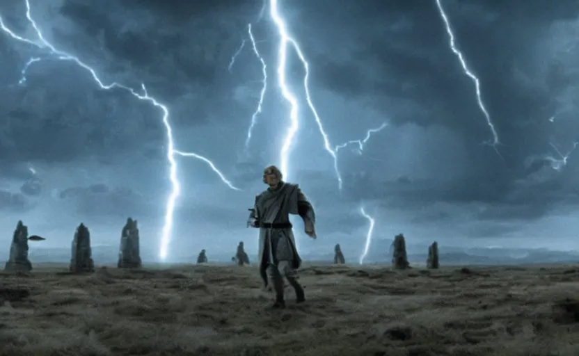 Image similar to screenshot portrait of Luke Skywalker in a windy lightning battlefield with scattered ruins of a fiery jedi rock temple, surrounded by giant AT-AT walkers, with young jedi army behind him, iconic scene from 1970s film by Stanley Kubrick, last jedi, 4k HD, cinematic lighting, beautiful portrait of Mark Hammill, moody scene, stunning cinematography, mcu effects, anamorphic lenses, kodak color film stock