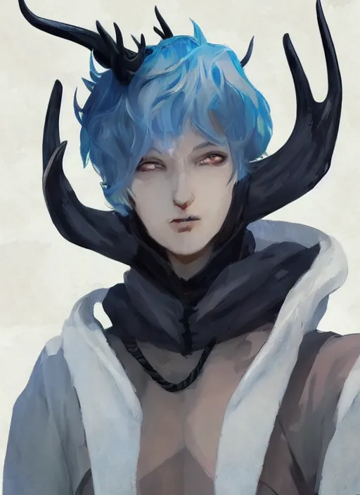 Prompt: concept art painting of an androgynous person with brown skin and short white hair, demon horns, deer makeup, full clothing, blue clothes, blue robes, detailed, cel shaded, in the style of ruan jia and artgerm and makoto shinkai and james gurney