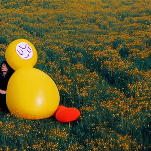 Image similar to an ample woman dressed as a squishy inflatable toy, smiley face, in a meadow, moody film still, terrence malick, 1973 technicolor