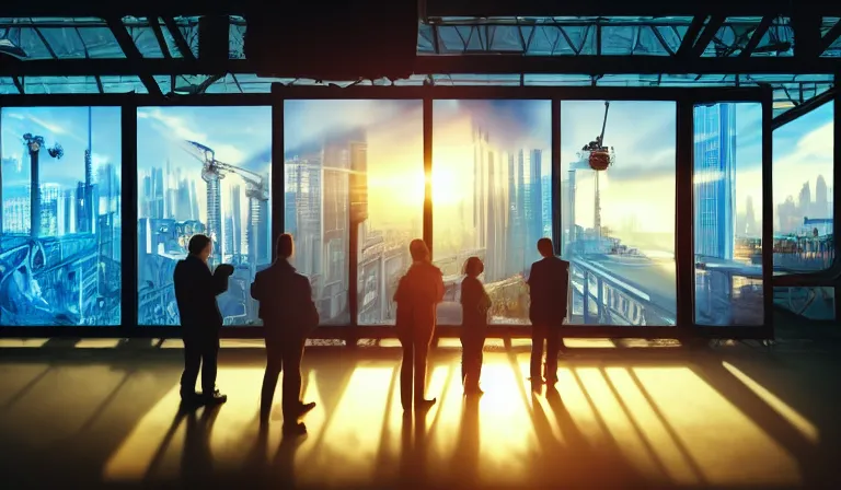 Prompt: group of people in simple windowed warehouse, looking at hologram of futuristic city on a table, cinematic concept art, godrays, golden hour, natural sunlight, 4 k, clear details, tabletop model buildings, center model buildings, hologram center, crane shot, crane shot, crane shot