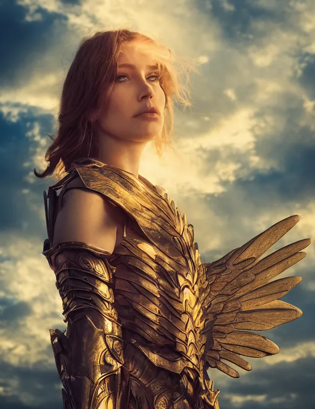 Prompt: Portrait of a fierce beautiful woman in angelic battle armor and wings, among the clouds, golden hour photography, cinematic, epic, 4k, stylized, realism