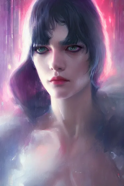 Image similar to jessica from bladerunner, seductive look, chromatic aberration, hyper realistic, highly detailed, digital painting, trending on artstation, concept art, sharp focus, illustration, art by wlop and artgerm and greg rutkowski and ayami kojima