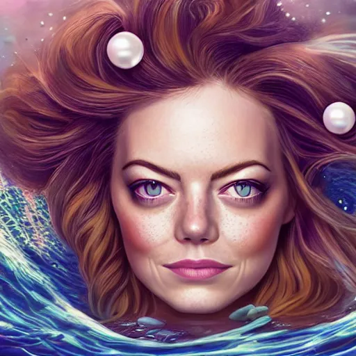 Image similar to emma stone portrait, fantasy, mermaid, hyperrealistic, game character, underwater, highly detailed, sharp focus, cinematic lighting, pearls, glowing hair, shells, gills, crown, water, highlights, starfish, jewelry, realistic, digital art, pastel, magic, fiction, ocean, king, colorful hair, sparkly eyes, fish, heroic, god, waves, bubbles