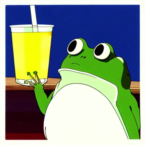 Prompt: studio ghibli anime frog drinking out of a juicebox through a straw, wearing ray - ban wayfarers