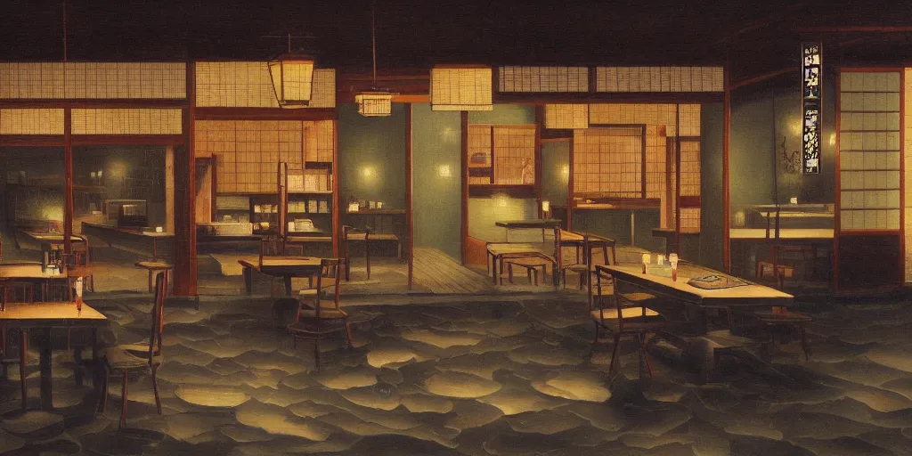 Prompt: A Japanese cafe in the style of the Nighthawk painting, highly detailed, mysterious atmosphere