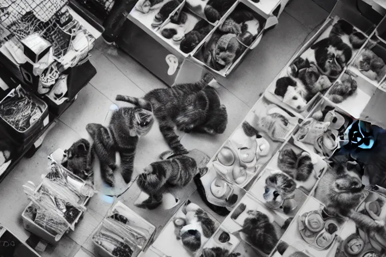 Image similar to overhead view, surveillance, black and white, a pet store with kittens sitting on the floor