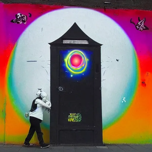 Image similar to A street art. A rip in spacetime. Did this device in his hand open a portal to another dimension or reality?! dark black by Peter Max gloomy, CGI