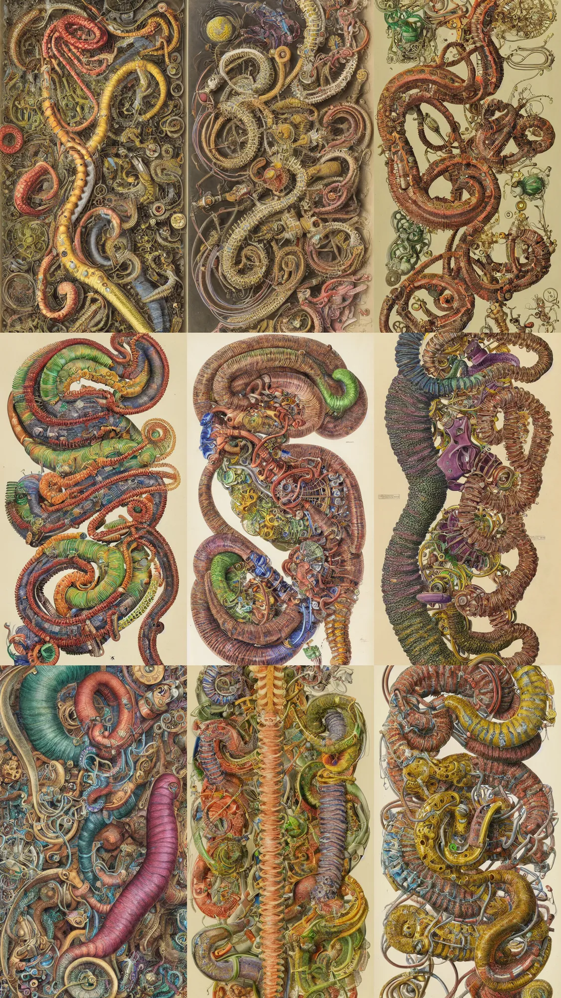 Prompt: mechanical snake by ernst haeckel, botanical drawing, 4 k, 8 k, beautiful, colourful, simple, anatomical details