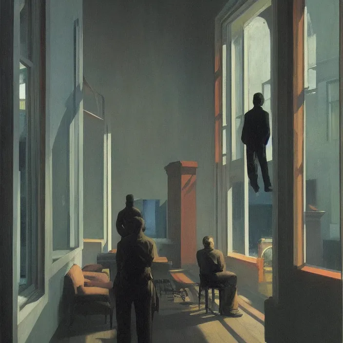 Image similar to wide angle, people inside flooded museum looking through the window Edward Hopper and James Gilleard, Zdzislaw Beksinski, highly detailed