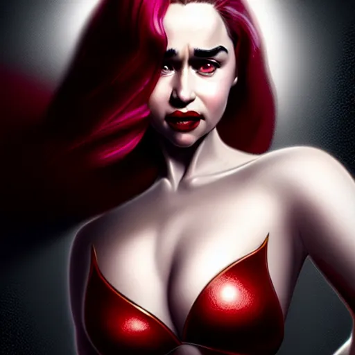 Prompt: emilia clarke as jessica rabbit, character headshot portrait, sharp, digital matte painting, art by luis royo, greg rutkowski, wlop, dramatic lighting, trending on artstation