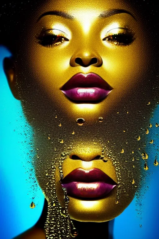 Image similar to hyperrealistic neo - dada cinematic very expressive! profile black oshun goddess, emerging from water!!, mirror dripping droplet!, gold flowers, highly detailed face, digital art masterpiece, smooth eric zener cam de leon, dynamic pearlescent turquoise light, low angle uhd 8 k, sharp focus