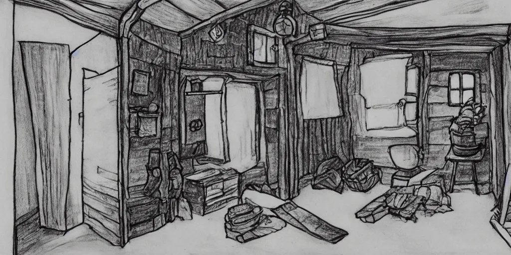 Image similar to studio Ghibli, the interior of a small cottage, black and white drawing